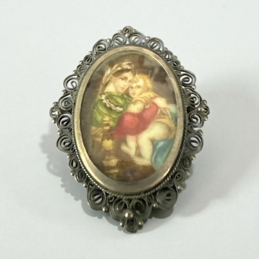 Antique Vintage‎ 800 Silver Brooch Pendant Hand Painted Cameo Woman & Children